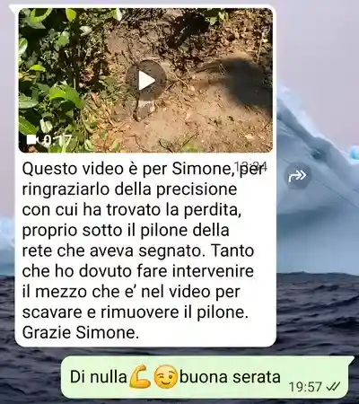 Recensione WhatsApp di un cliente soddisfatto per il servizio di ricerca perdite di acqua e localizzazione guasti